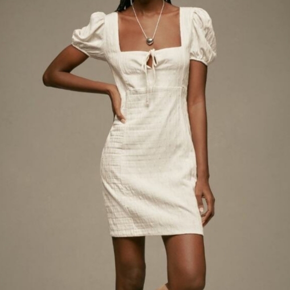 Anthropologie Maeve White Puff Sleeve Square Neck Mini Dress M NWT - Picture 2 of 8
